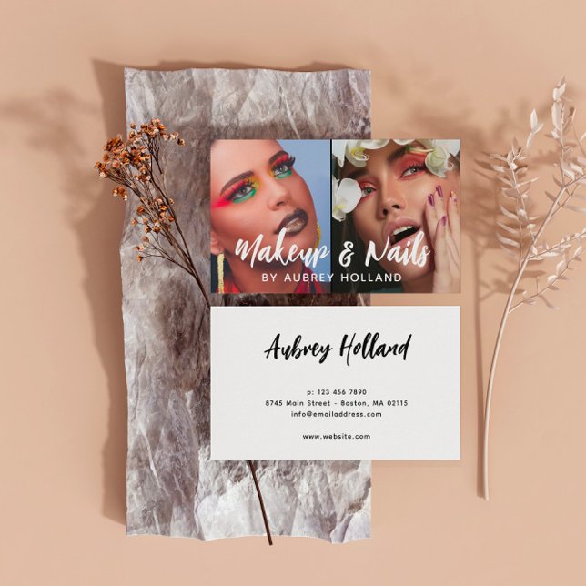Carte De Visite Maquillage et ongles blancs Script blanc 2 Photos (Créateur téléchargé)