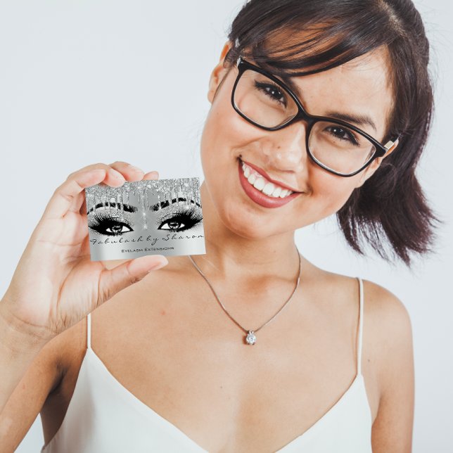 Carte De Visite Maquillage Eyebrow Lash Parties scintillant goutte (Makeup Eyebrow Lash Glitter Drip Grey Silver Spark Business Card)