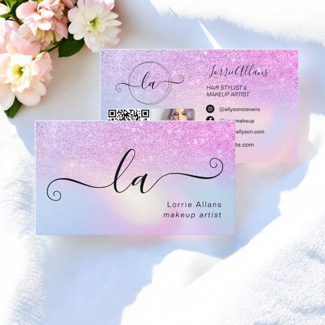 Carte De Visite Maquillage holographique Ombre de Parties scintill (Luxury Rainbow Glitter Ombre Holographic Makeup Business Card)