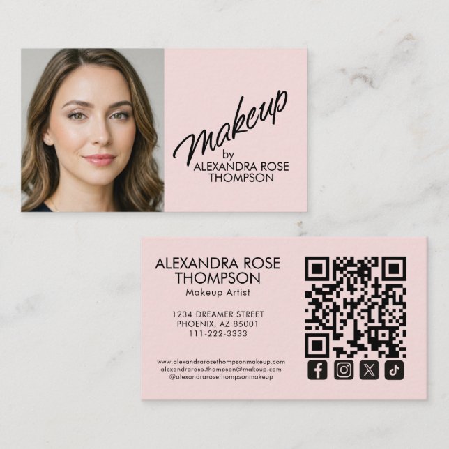 Carte De Visite Maquillage Icône Sociale Code Qr Écriture Rose Pâl (Devant / Derrière)
