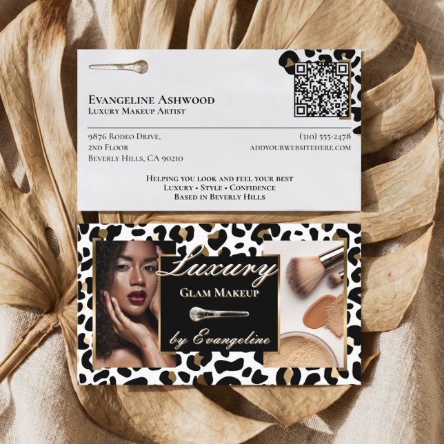 Carte De Visite Maquillage Imprimé Léopard Guépard Or Noir Luxe (Luxury Black Gold Cheetah Leopard Print Makeup Business Card)