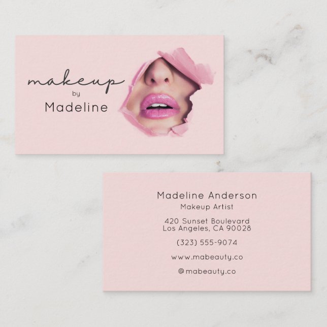 Carte De Visite Maquillage Moderne Rose Pâle Noir Script (Devant / Derrière)