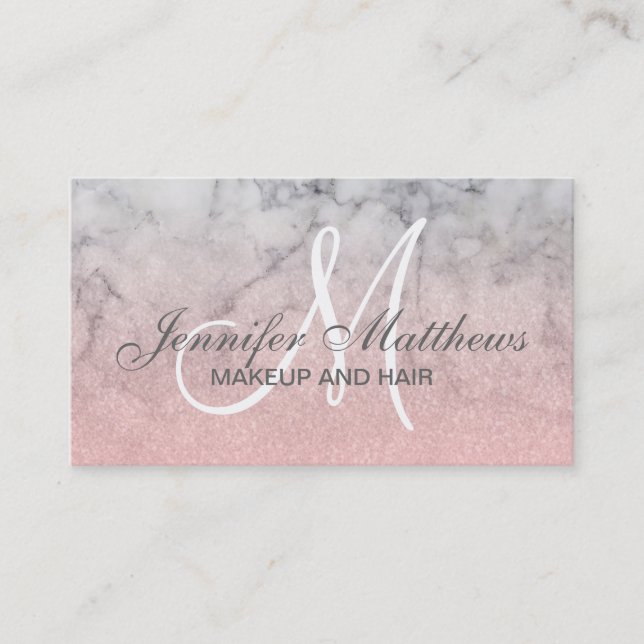 Carte De Visite Maquillage Monogramme en marbre rose-rose-rose-fus (Devant)