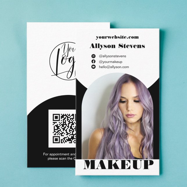 Carte De Visite Maquillage noir arc boho photo qr code logo (Black arch makeup boho photo qr code logo business card)