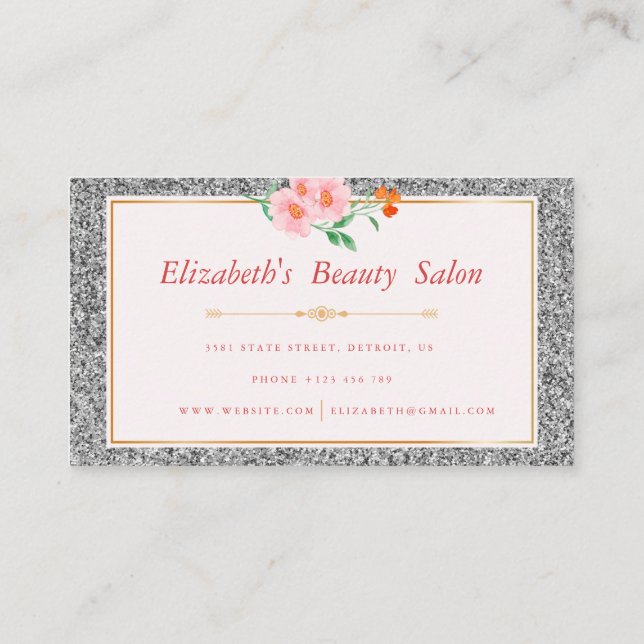 Carte De Visite Maquillage Parties scintillant Argent Floral Artis (Dos)