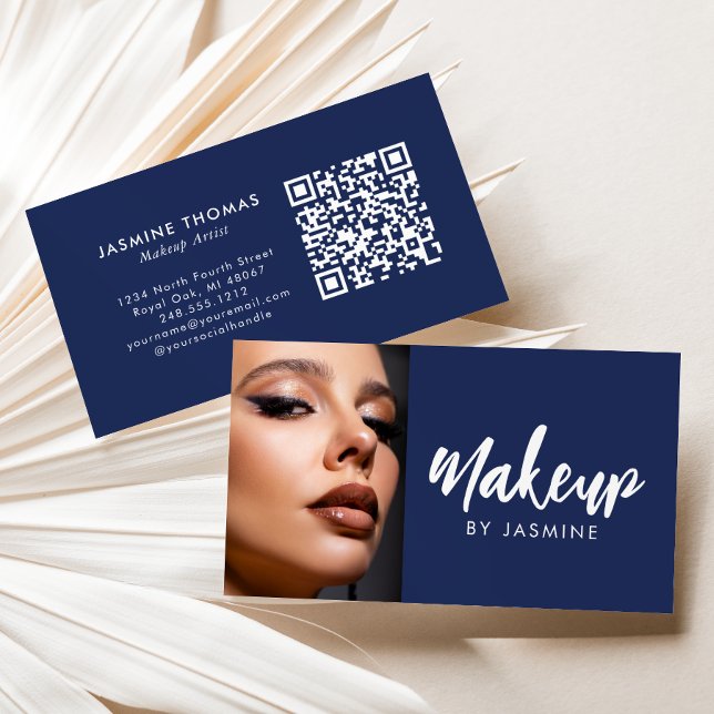 Carte De Visite Maquillage photo code QR écriture blanche bleu mar (Créateur téléchargé)