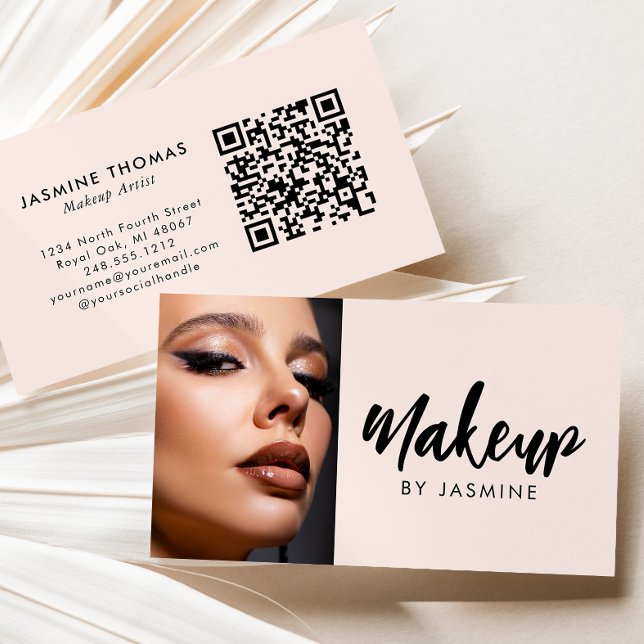 Carte De Visite Maquillage photo code QR écriture rose blush (Créateur téléchargé)