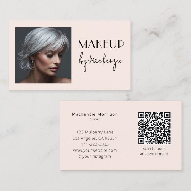 Carte De Visite Maquillage photo code QR écriture rose pâle (Devant / Derrière)