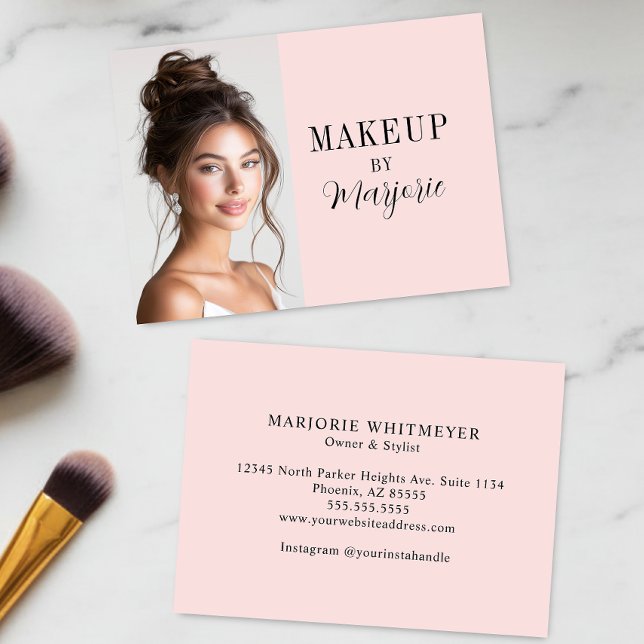 Carte De Visite Maquillage photo de script noir rose gêné (modern black blush pink script photo makeup business card elegant minimalist simple)