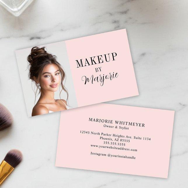 Carte De Visite Maquillage photo de script noir rose moderne (modern blush pink black script photo makeup business card with modern typography)