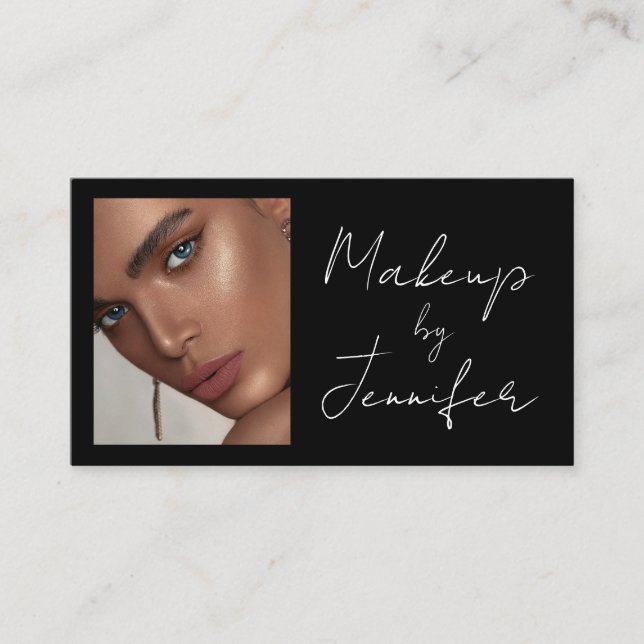 Carte De Visite Maquillage photo en noir blanc Script QR Code (Devant)