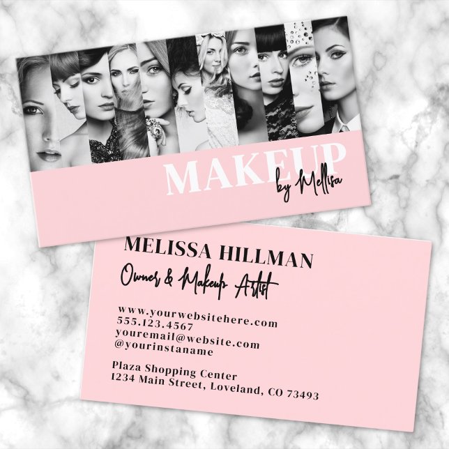 Carte De Visite Maquillage Photo Noir Rose (Pink Black Script Photo Makeup Business Card)