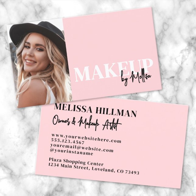 Carte De Visite Maquillage Photo Noir Rose (Pink Black Script Photo Makeup Business Card)