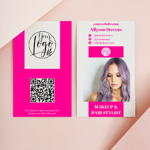 Carte De Visite Maquillage rose néon moderne cheveux photo qr code