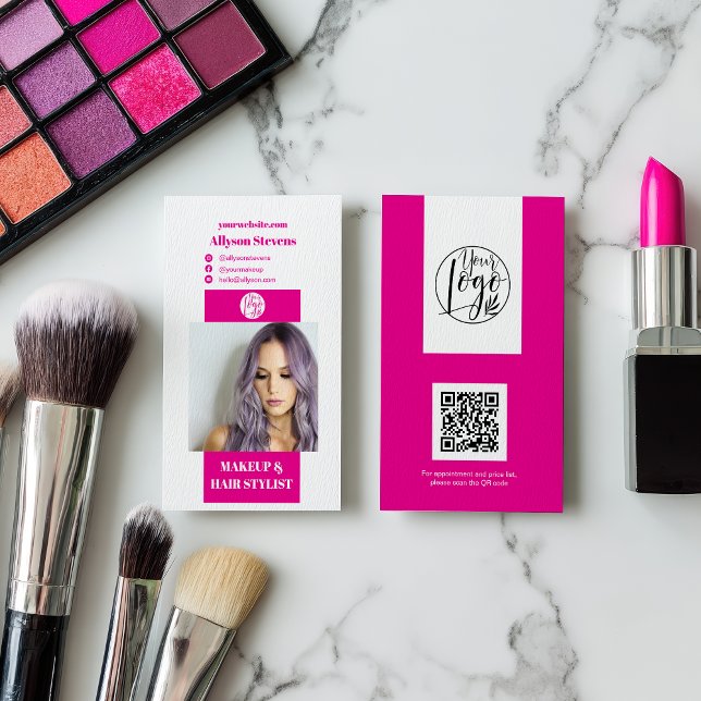 Carte De Visite Maquillage rose néon moderne cheveux photo qr code (Modern neon pink makeup hair photo qr code logo business card)