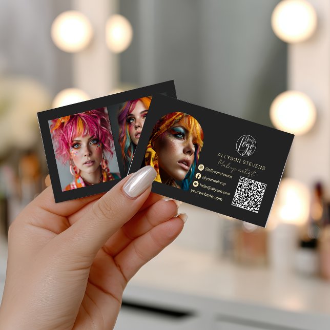 Carte De Visite Maquillage tendance 3 photo Social Media Logo qr c (Makeup trendy 3 photo Social Media Logo qr code Business Card)