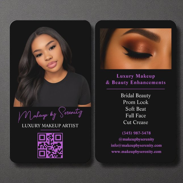 Carte De Visite Maquillage violet Artiste QR Code Luxe Beauté noir (Créateur téléchargé)