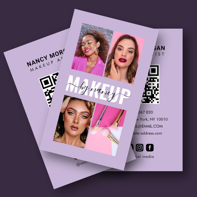 Carte De Visite Maquilleuse 4 Code QR Grille de Photos Lavande (Créateur téléchargé)