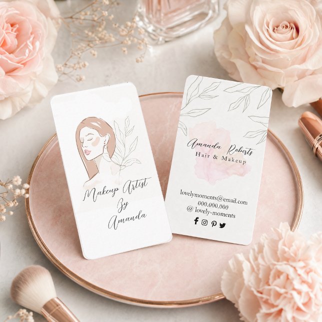 Carte De Visite Maquilleuse Chic Beauté Naturelle (#zazzlemade #beautynarural #makeupartist #proffissinal #watercolor #skincare #hair organic #leaves)