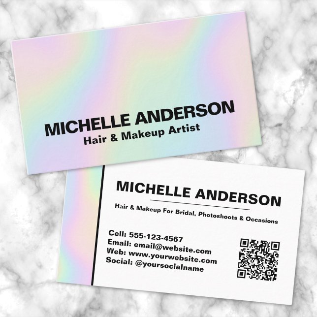 Carte De Visite Maquilleuse holographique pastel moderne (Modern Pastel Holographic Makeup Artist Business Card)
