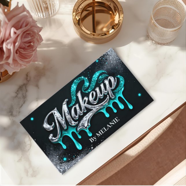 Carte De Visite Maquilleuse Teal Silver Drips Tendance Paillettes (Créateur téléchargé)