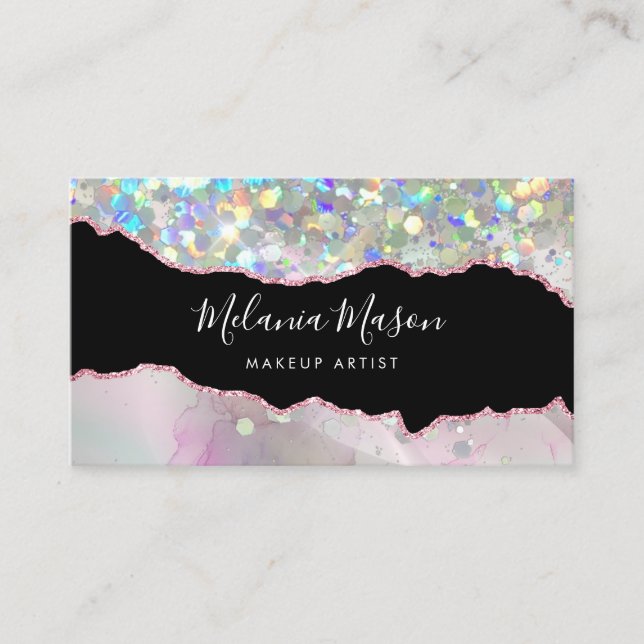 Carte De Visite Marbled Agate Holographic Glitter QR Code Beauty (Devant)