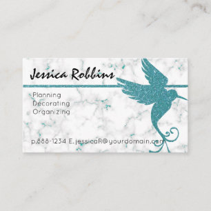 Carte De Visite Marbre Blanc avec Colibri Pailleté de Turquoise Él
