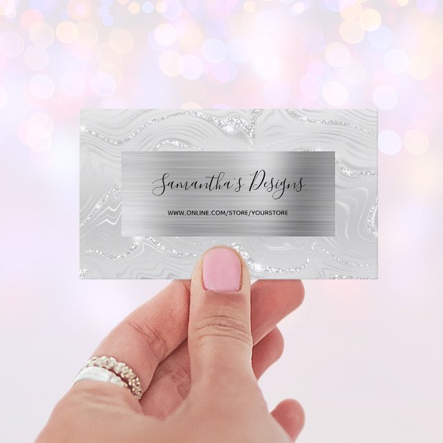 Carte De Visite Marbre Blanc de Luxe Agate Paillettes Argentées Gl (Luxury White Marble Agate Glam Silver Foil Business Card)