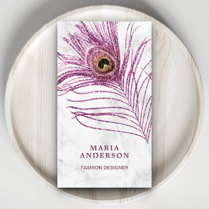 Carte De Visite Marbre Blanc Moderne Plume de Paon Violet