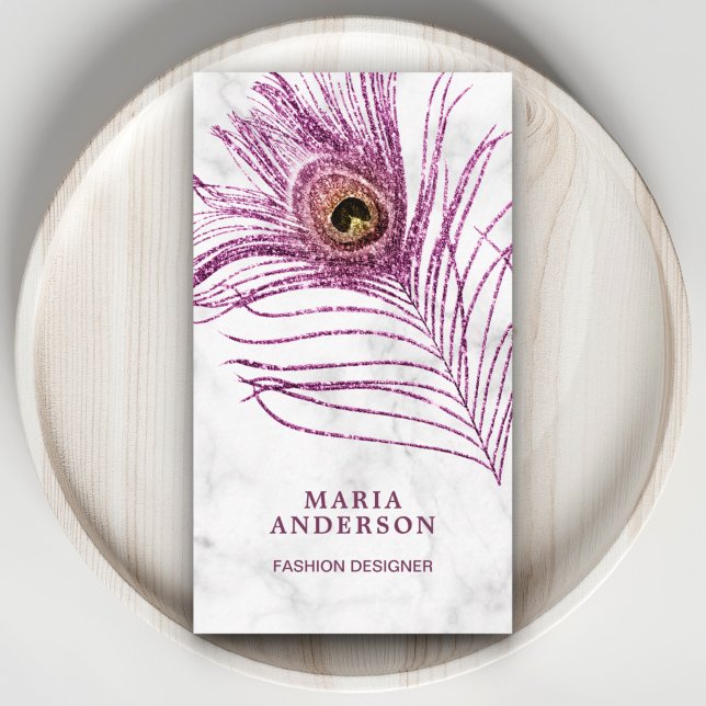 Carte De Visite Marbre Blanc Moderne Plume de Paon Violet (Créateur téléchargé)