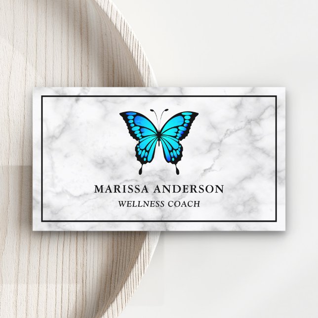Carte De Visite Marbre Blanc Papillon Bleu Élégant (Créateur téléchargé)