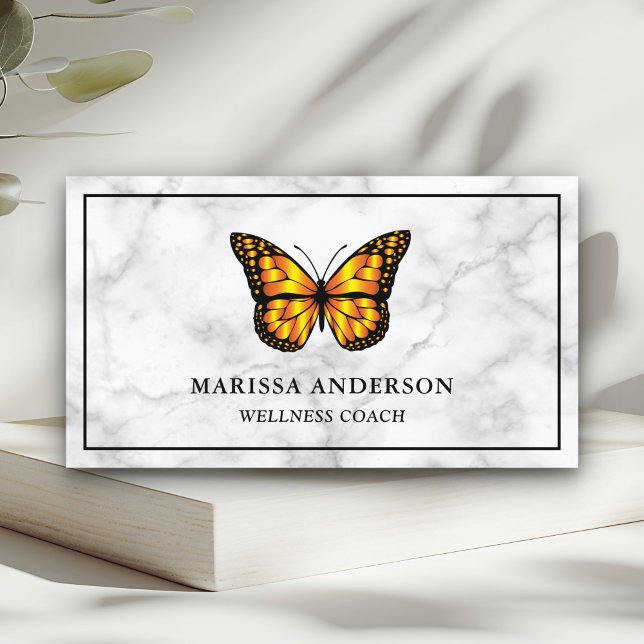 Carte De Visite Marbre Blanc Papillon Monarch Élégant Orange (Créateur téléchargé)