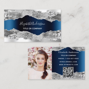 Carte De Visite Marbre bleu marine argenté en marbre QR code photo