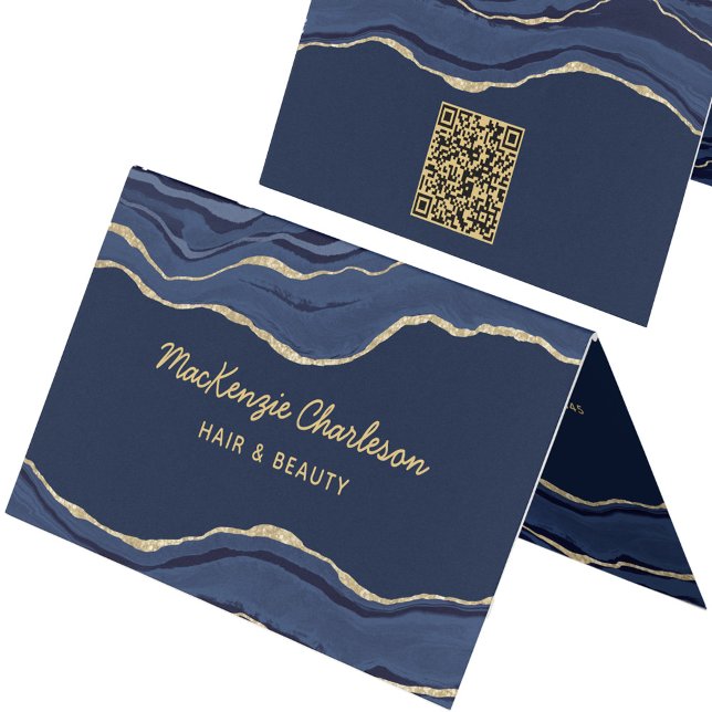 Carte De Visite Marbre bleu marine Géode d'âge or Code QR (Navy blue marble agate geode QR code personalized folded business card)