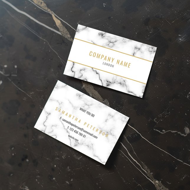 Carte De Visite Marbre de luxe blanc et or (Elegant white and gold business card with a marble design, featuring a minimalist layout on marble)