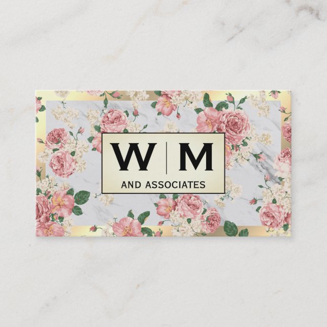 Carte De Visite Marbre Monogram Gold Frame avec motif floral (Devant)