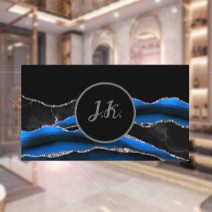Carte De Visite Marbre Noir Bleu Argent Initiales Agate Glam