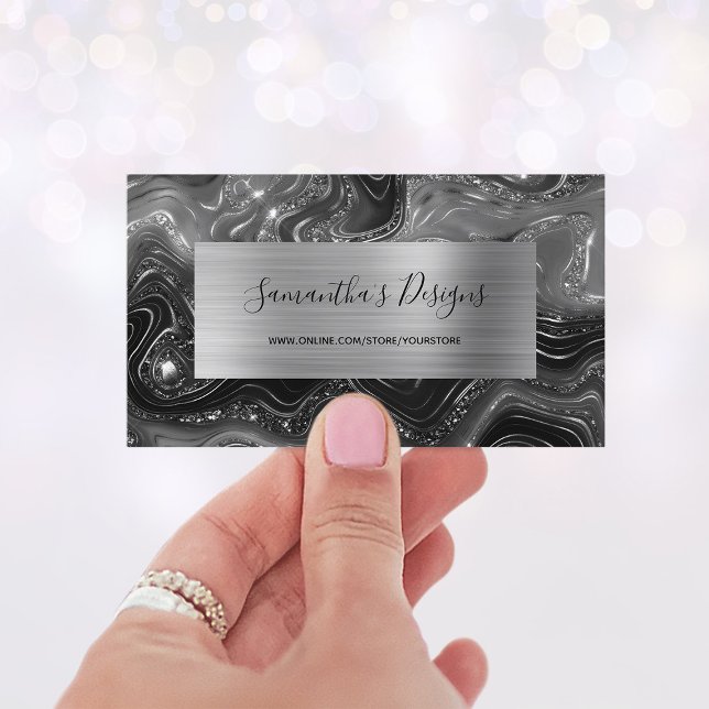 Carte De Visite Marbre noir de luxe Agate Glam Silver Foil (Luxury Black Marble Agate Glam Silver Foil Business Card)