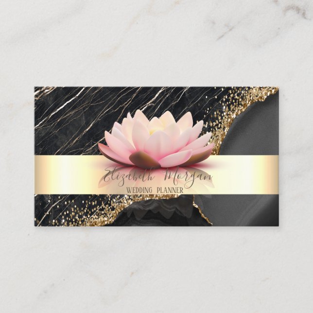 Carte De Visite Marbre noir Lotus avec rayures élégantes et sequin (Devant)