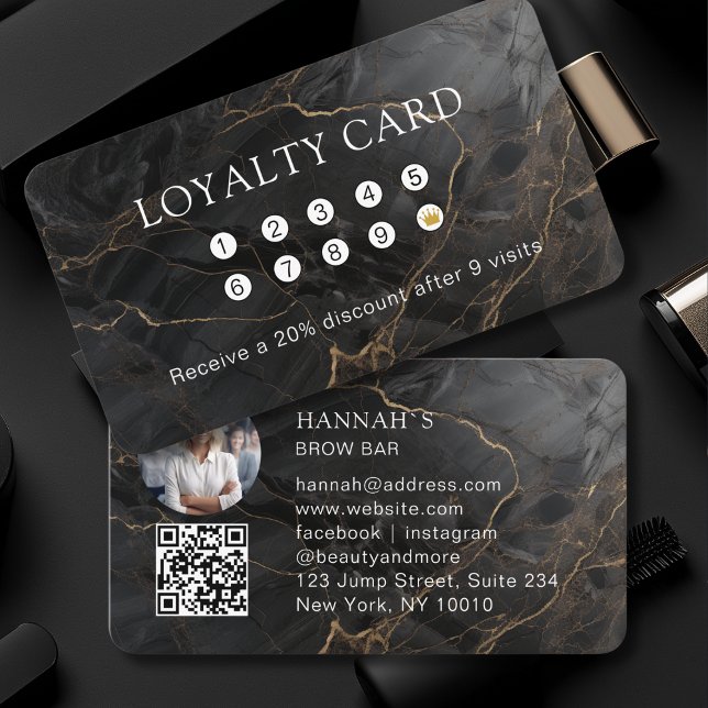 Carte De Visite Marbre, Or Noir, Salon, Photo, Code QR Fidélité (Marble, Black-Gold, Salon, Photo, QR Code Loyalty Business Card)