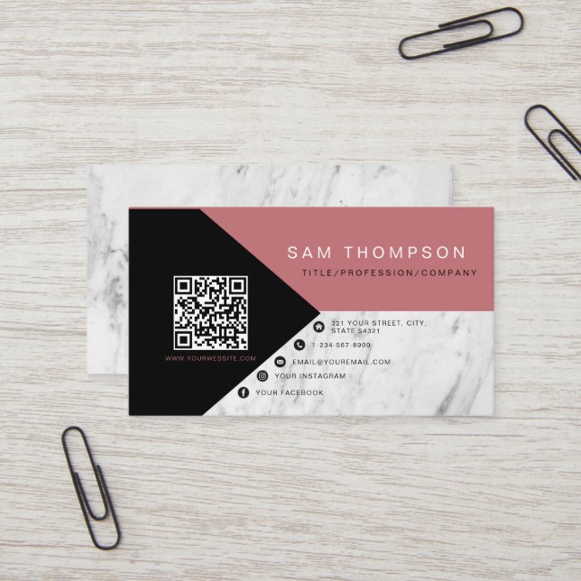 Carte De Visite Marbre professionnel rose noir QR Code moderne (Devant/Arrière en situation)