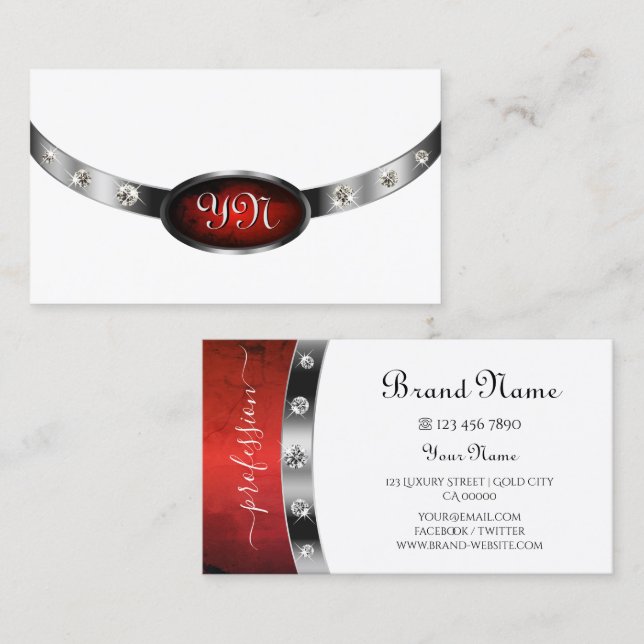 Carte De Visite Marbre rouge argent blanc luxe Faux Rhinestones (Devant / Derrière)
