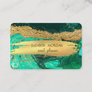 Carte De Visite Marbre Vert Élégant Coup de Pinceau Feuille d'Or
