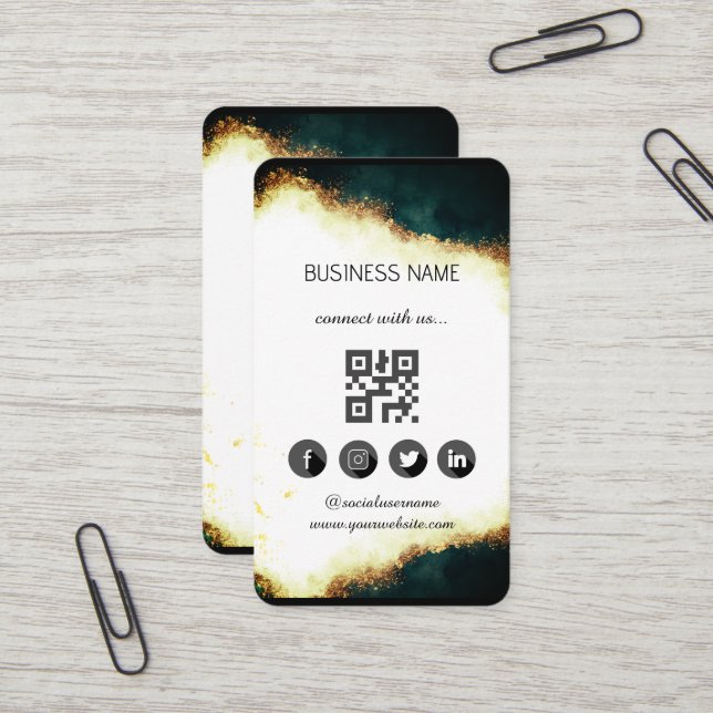 Carte De Visite Marbre vert-or - Code QR des médias sociaux (Devant/Arrière en situation)