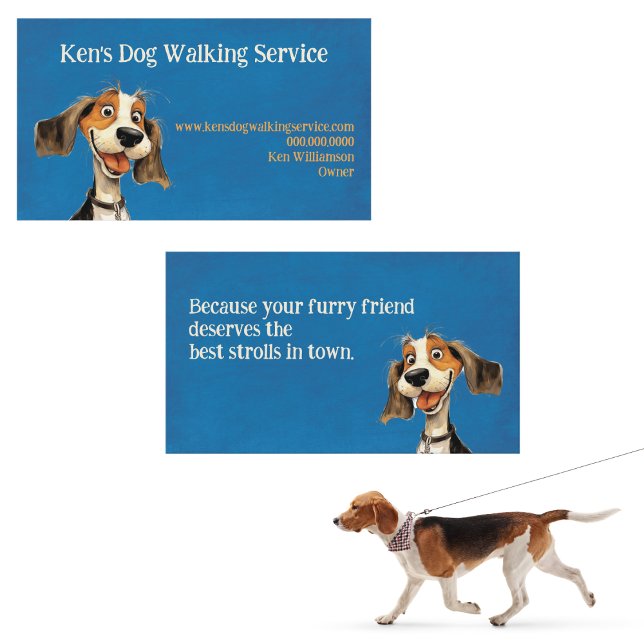 Carte De Visite Marche du chien mignon (Happy Beagle dog walking business card for trusted, local pet care and tail-wagging walks.)