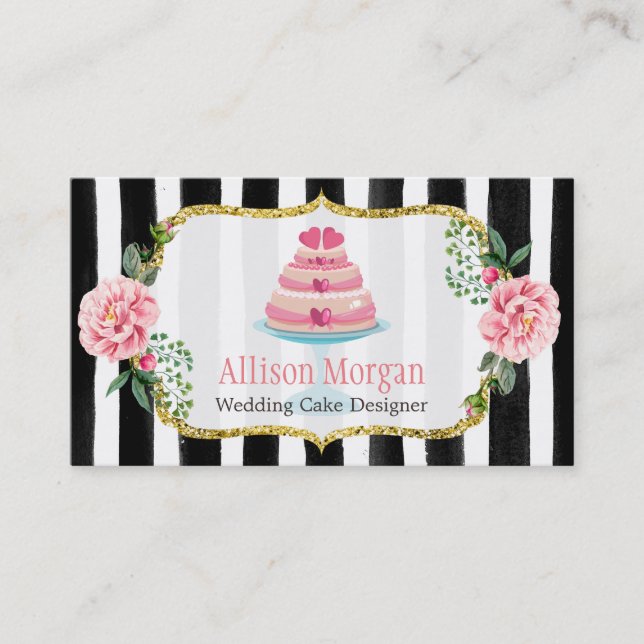 Carte De Visite Mariage Cake Design or rose floral rayé (Devant)