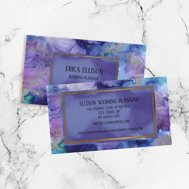 Carte De Visite Mariage élégant moderne aquarelle bleu violet (Blue and purple watercolor Wedding Planner business cards)
