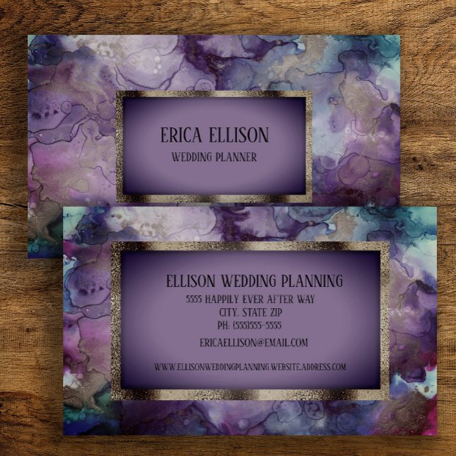 Carte De Visite Mariage Élégant Moderne Violet Argent (Purple and blue watercolor business card)