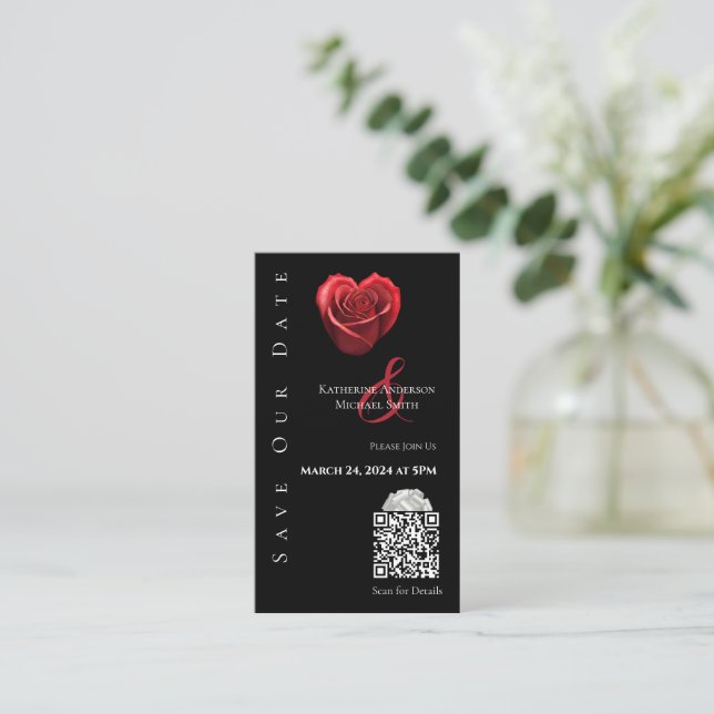 Carte De Visite Mariage Enregistrer le code Date-QR-Rose en forme  (Debout devant)