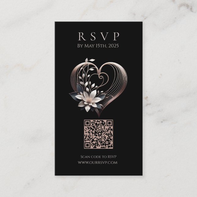 Carte De Visite Mariage moderne RSVP QR code-Coeur rose avec Fleur (Devant)